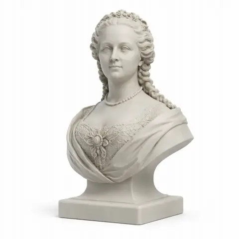 3D printed elegant bust of a historical woman with detailed hair and clothing on a rectangular base.