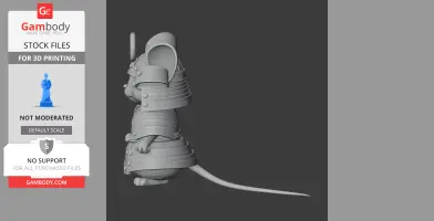 Samurai-clad mouse in detailed armor, standing upright with a sword on its back, designed for 3D printing.