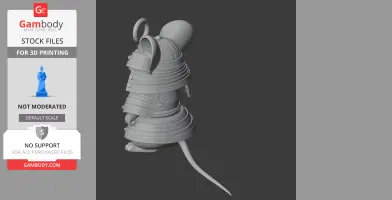 A 3D model of a mouse in samurai armor, including helmet and layered plates, viewed from the side.