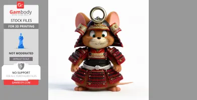 A cartoon mouse dressed in detailed red and black samurai armor with a ring on its helmet.