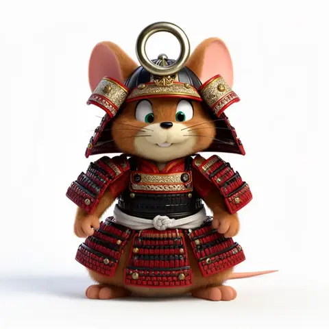 A cute mouse dressed in detailed red and black samurai armor, featuring a ring atop its helmet.