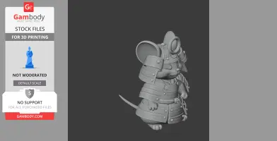A 3D model of a mouse wearing detailed samurai armor, standing in profile view.