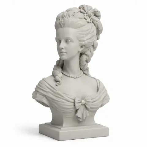 A detailed bust of a woman with elaborate hair and period clothing, designed for 3D printing.