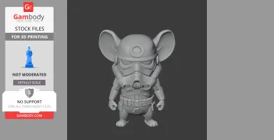 A 3D model of a cartoon mouse wearing Stormtrooper armor, designed for 3D printing.