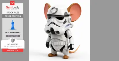Cartoon mouse in Stormtrooper armor with large ears and tail, 3D printed mashup figure.