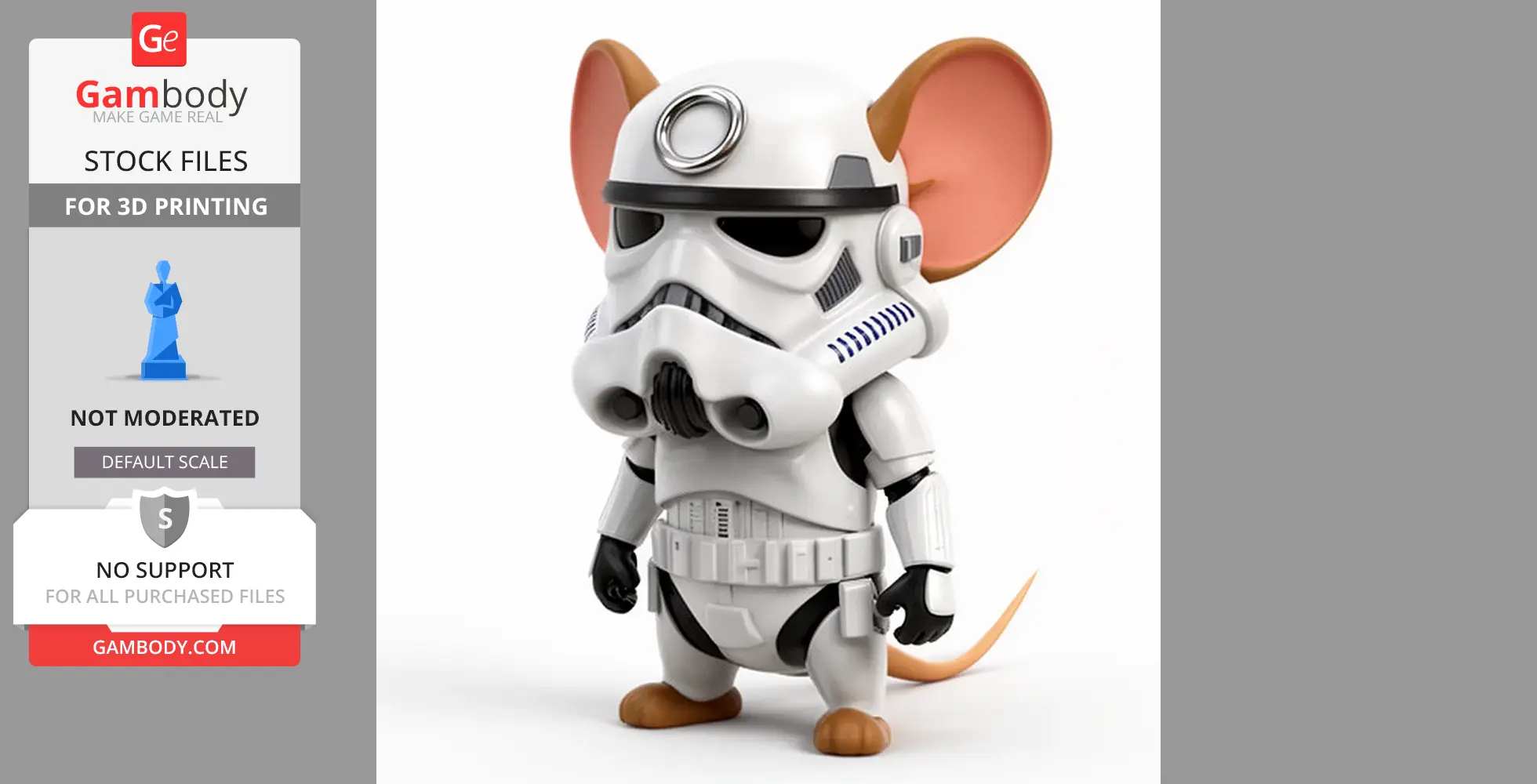 Cartoon mouse in Stormtrooper armor with large ears and tail, 3D printed mashup figure.