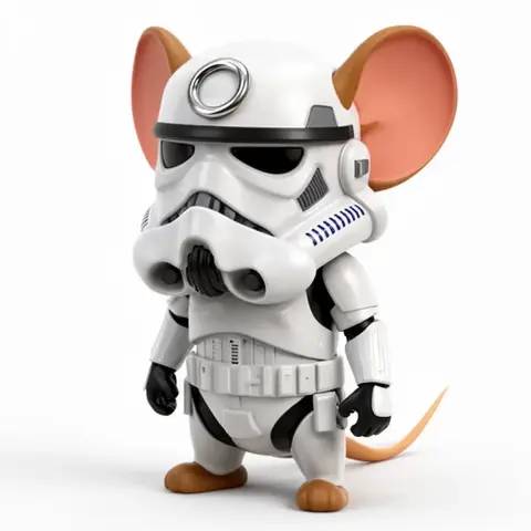 Cartoon mouse in Stormtrooper armor with large ears, standing upright.
