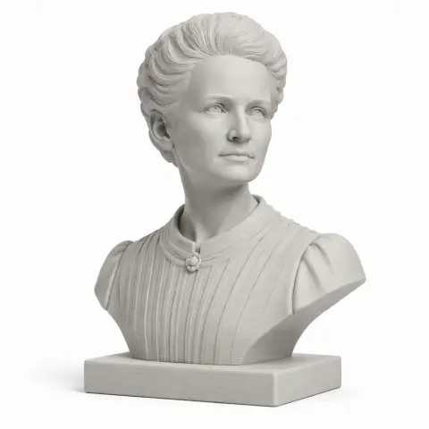 A detailed 3D printed bust of a woman with an updo hairstyle and a buttoned high-collared dress.