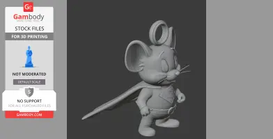 Mouse superhero figure wearing a cape and emblem, standing with hands on hips. 3D print model.