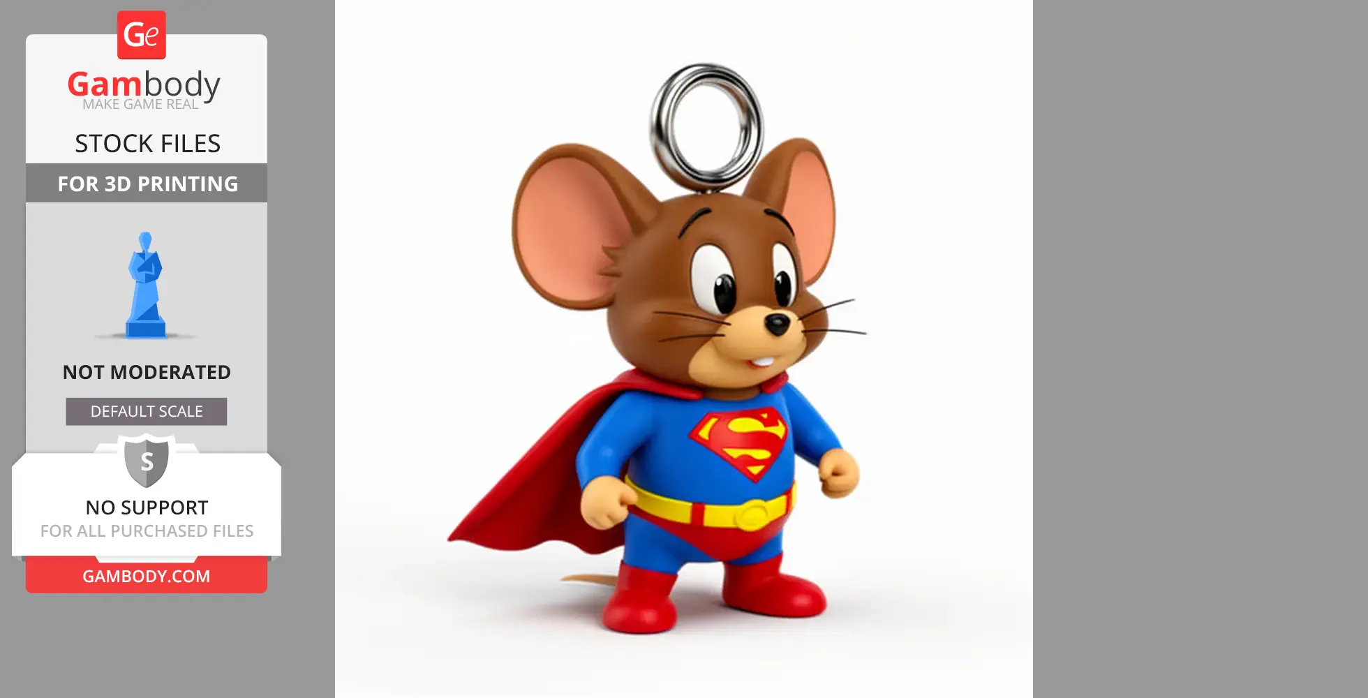 Cartoon mouse with Superman costume and cape, designed as a keyring figure for 3D printing.