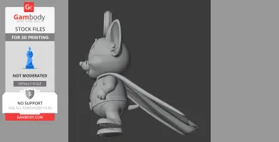 Cartoon mouse in superhero costume with a cape, depicted as a 3D model for printing.