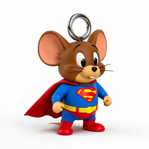 Cartoon mouse in a Superman costume with cape and ring on top. 3D printable figure.