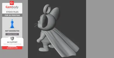 A 3D model of a cartoon mouse with a superhero cape and a ring on its head, viewed from the side.