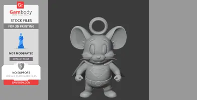 Cartoon mouse in a superhero costume with a cape, featuring a ring on its head for a 3D printing model.