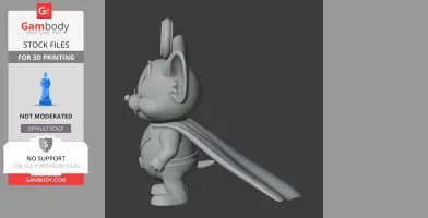 A 3D model of a cartoon mouse wearing a superhero cape and suit, designed as a ring figure.