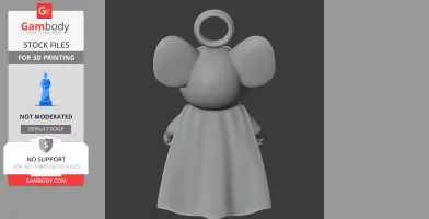 3D model of a cartoon mouse character with a cape and ring on its head, viewed from the back.