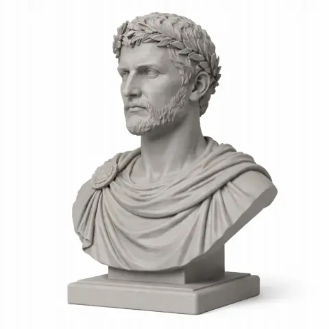 Bust of a Roman figure with a laurel wreath, draped clothing, and a serious expression on a pedestal.