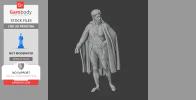 3D model of a Napoleonic soldier in uniform with a cape, posed elegantly for printing.