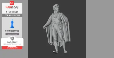 3D model of a Napoleonic soldier wearing a cape and uniform, posed dramatically for printing.