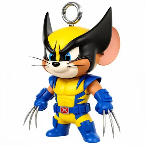Mashup figure of a cartoon mouse as a superhero with claws and a yellow-blue costume, designed as a ring accessory.
