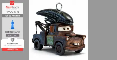 Rusty tow truck with a Xenomorph head as a roof and a smiling face on the front.
