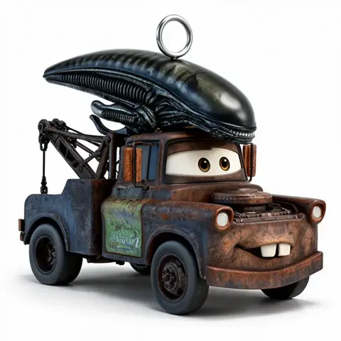 Rusty tow truck with Xenomorph head and a ring on top, combining 'Cars' and 'Alien' themes.