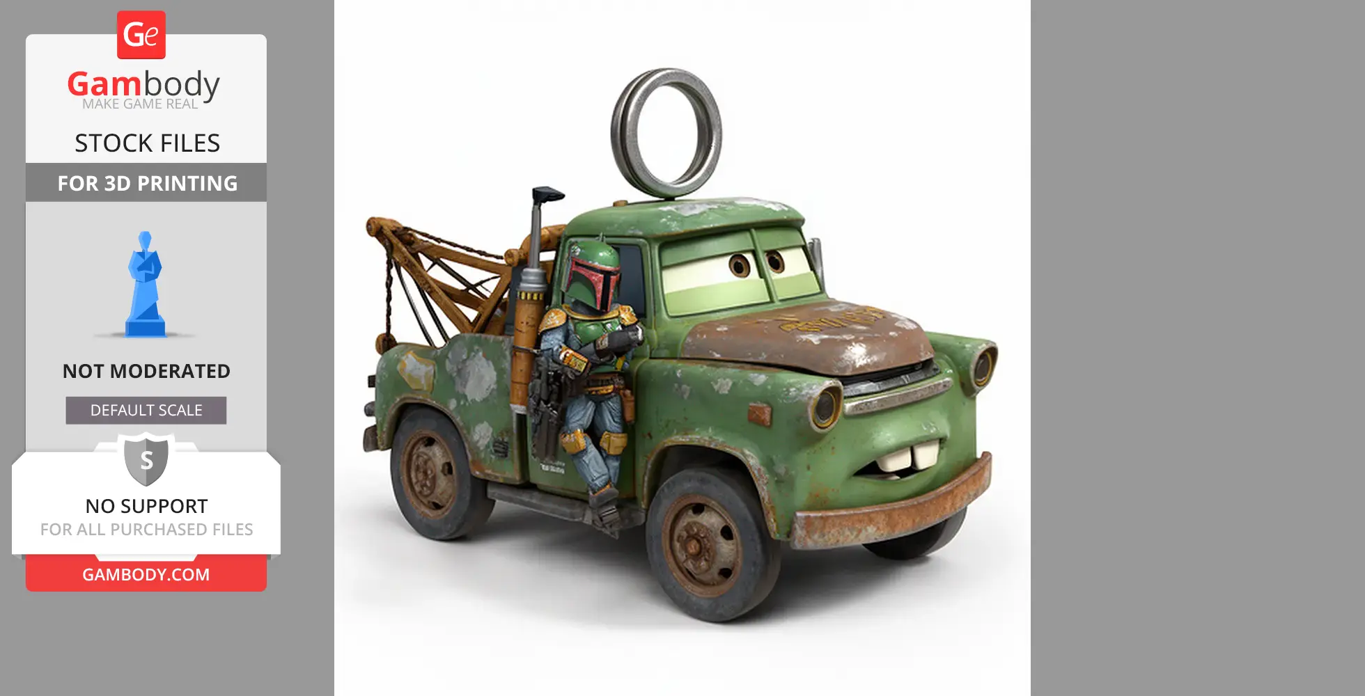 Mashup of Mater from Cars as Boba Fett, featuring a green tow truck with Star Wars armor.