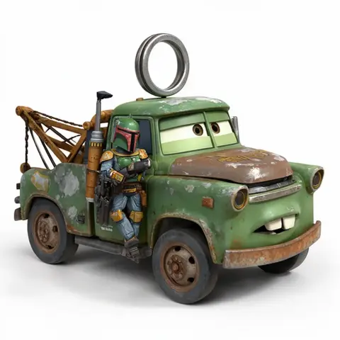 Mashup figure of a tow truck with elements of a sci-fi bounty hunter, featuring a ring attachment.