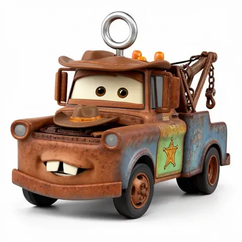 A cartoon tow truck wearing a cowboy hat, with a sheriff badge and a metal ring on top.