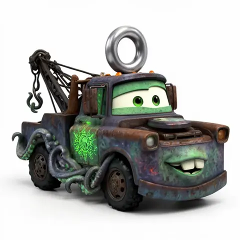 Mashup figure of a tow truck character with a Cthulhu theme, featuring tentacles and a mystical design.