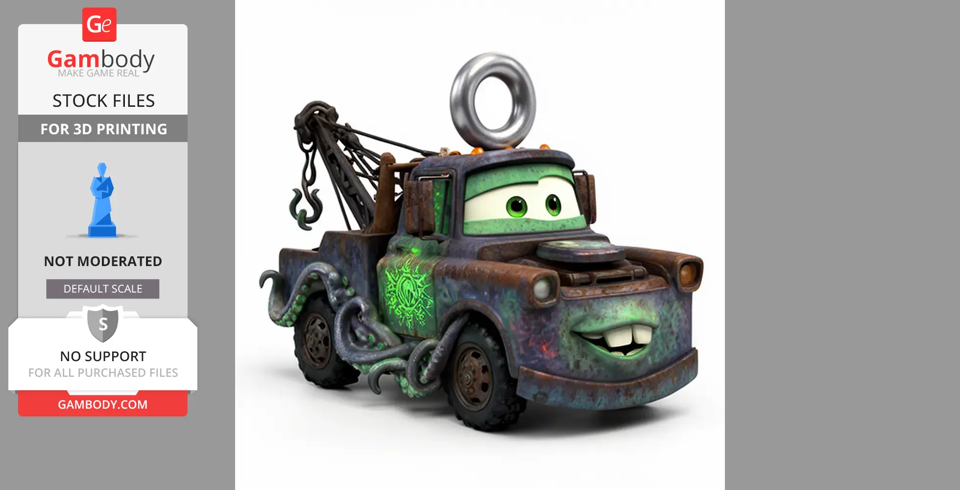 Cartoon tow truck with Cthulhu-like tentacles and ring on top, designed for 3D printing.