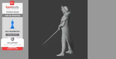 Napoleonic soldier in uniform with a sword, standing in profile, wearing a hat and a long coat.