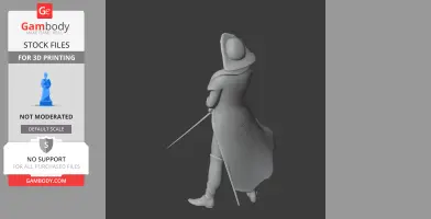 Napoleonic soldier in uniform holding a sword, wearing a cape and hat, viewed from the side.