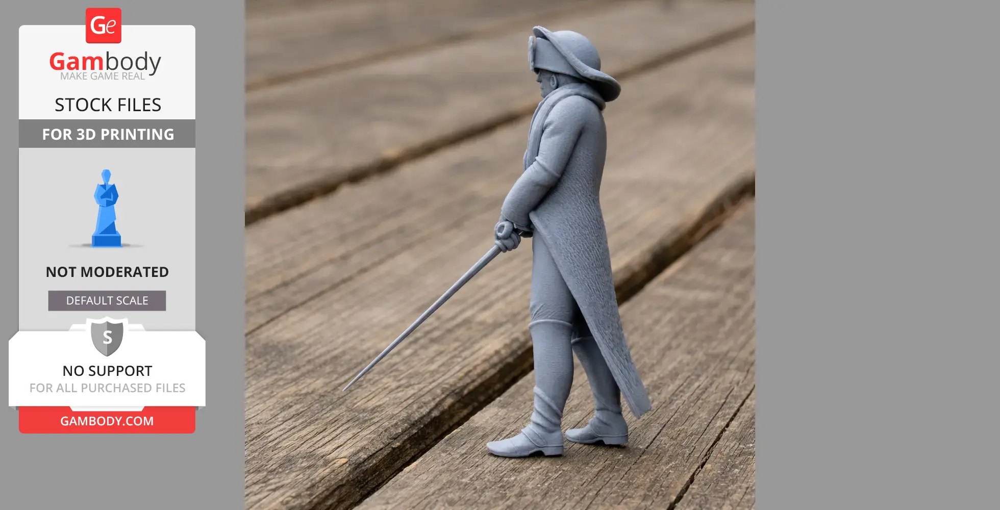 A 3D printed model of a Napoleonic soldier in uniform, holding a sword, with detailed historical attire.