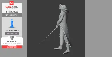 Napoleonic soldier 3D model holding a sword, wearing a tall hat and long coat, facing sideways.