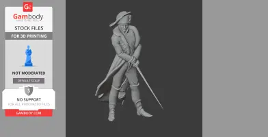 3D model of a Napoleonic soldier in uniform with a sword, wearing a bicorne hat and cape.