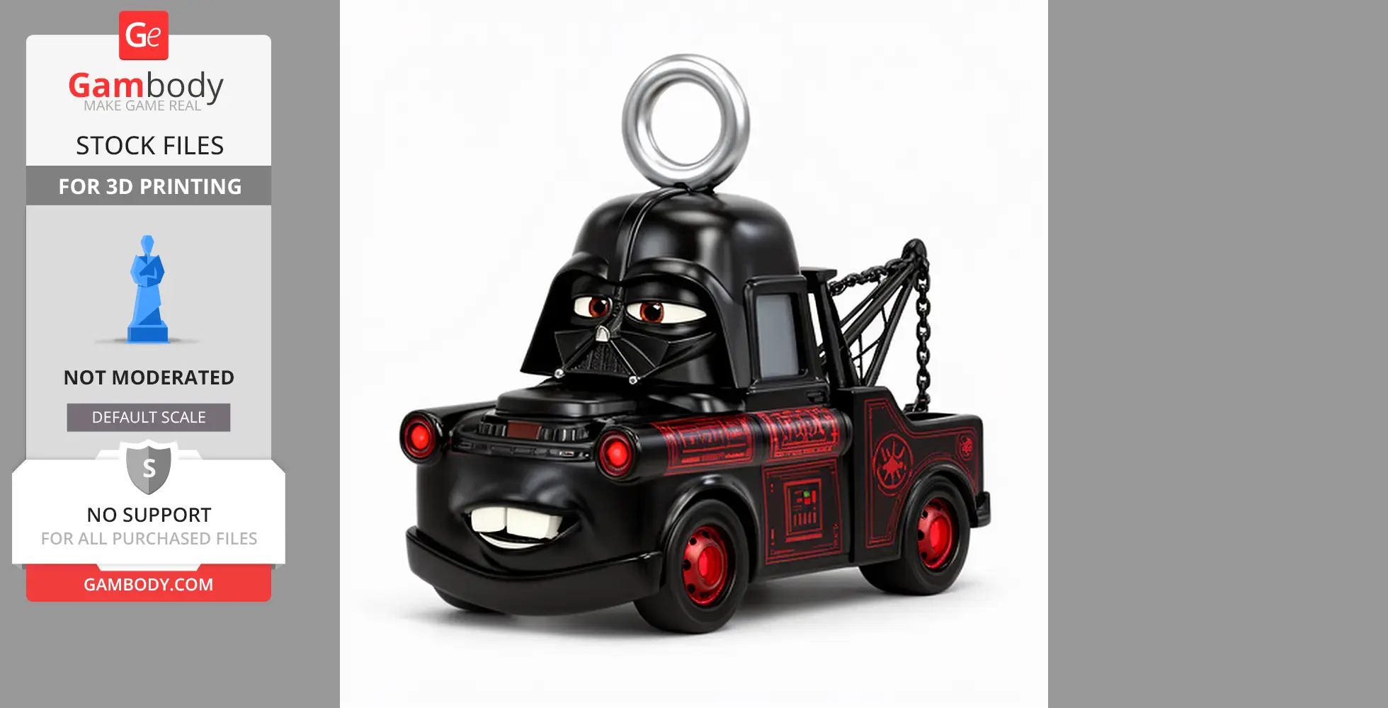 Cartoon tow truck as Darth Vader with a helmet and chain, designed for 3D printing.