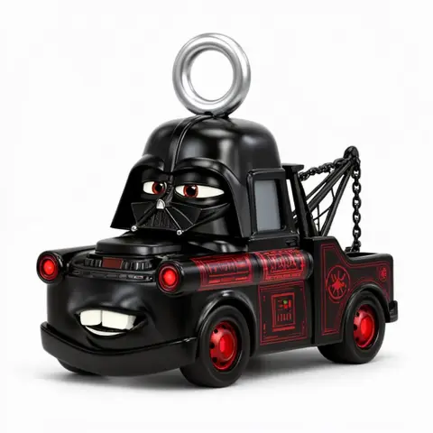 Mashup figure of Mater and Darth Vader as a tow truck with red details and a ring on top.