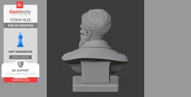 A 3D-printed bust of a historical warrior with a turban, viewed from the back.