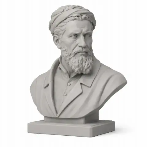 A detailed 3D bust of a historical warrior with a beard and turban on a square base.
