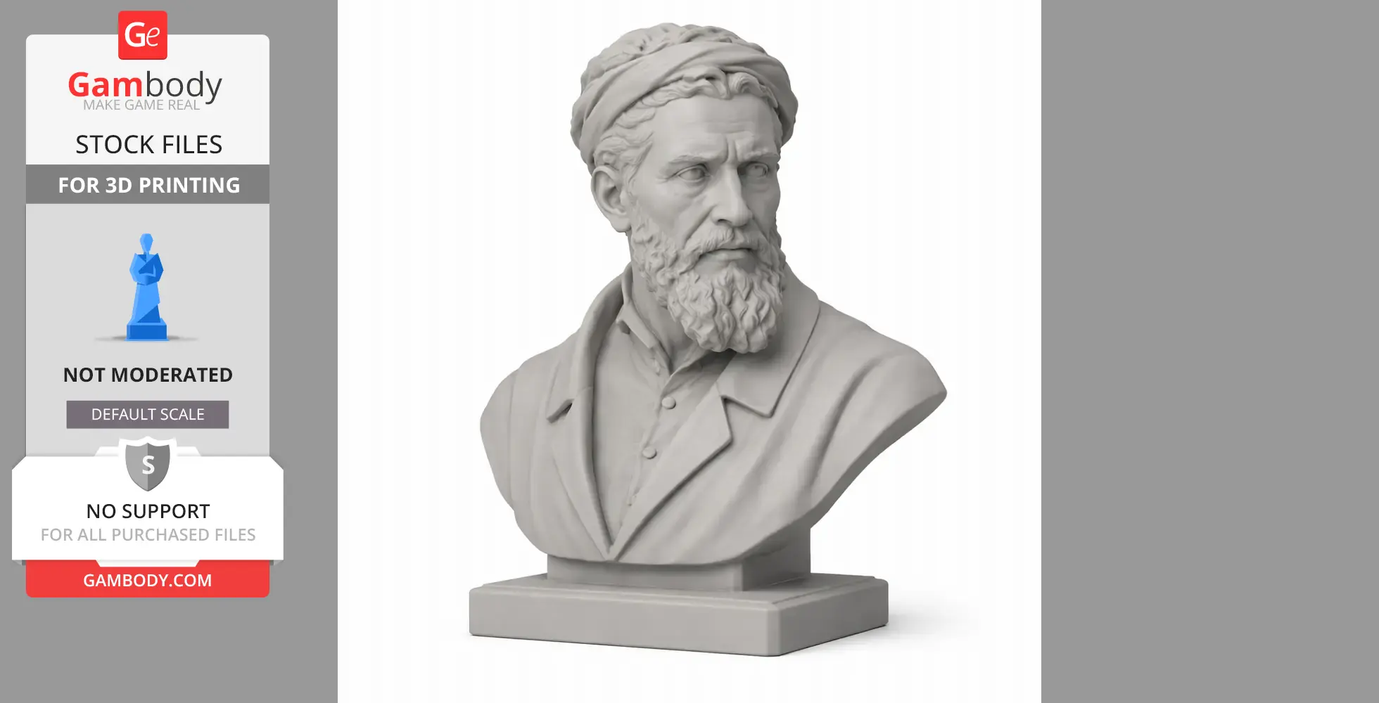 A 3D-printed bust of a bearded historical warrior wearing a cloth headpiece and a jacket.