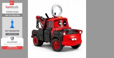 Cartoon tow truck figure with Deadpool eyes, red-black body, and ring on top, designed for 3D printing.