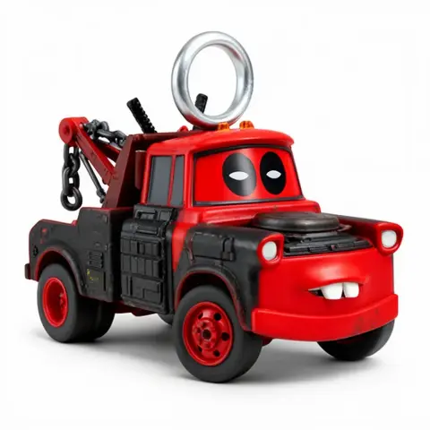 Cartoon tow truck styled as Deadpool with a red and black color scheme and a large ring on top.
