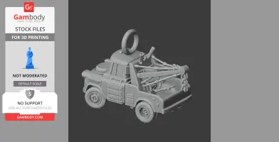 A 3D model of a tow truck mixed with superhero elements, featuring a ring on top.