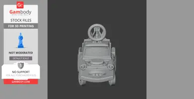 A 3D model of a cartoon car character with a Deadpool ring on top, suitable for 3D printing.