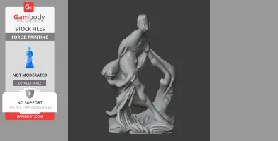 A 3D model of an ancient warrior in a dynamic pose, holding a draped cloth with muscular detail.