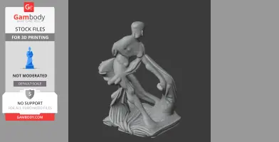 A 3D model of a muscular ancient warrior in a dynamic pose, surrounded by flowing drapery.