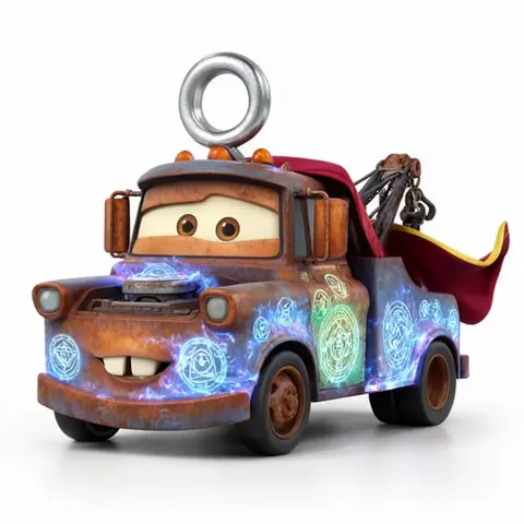 A tow truck character combined with Doctor Strange features, including a cape and glowing magical symbols.