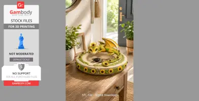 A small yellow dragon perched on a sunflower-decorated bowl, holding keys on a wooden table.