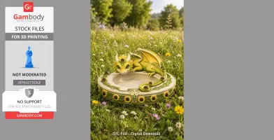 A cute green dragon rests on a decorative bowl adorned with sunflowers in a meadow.